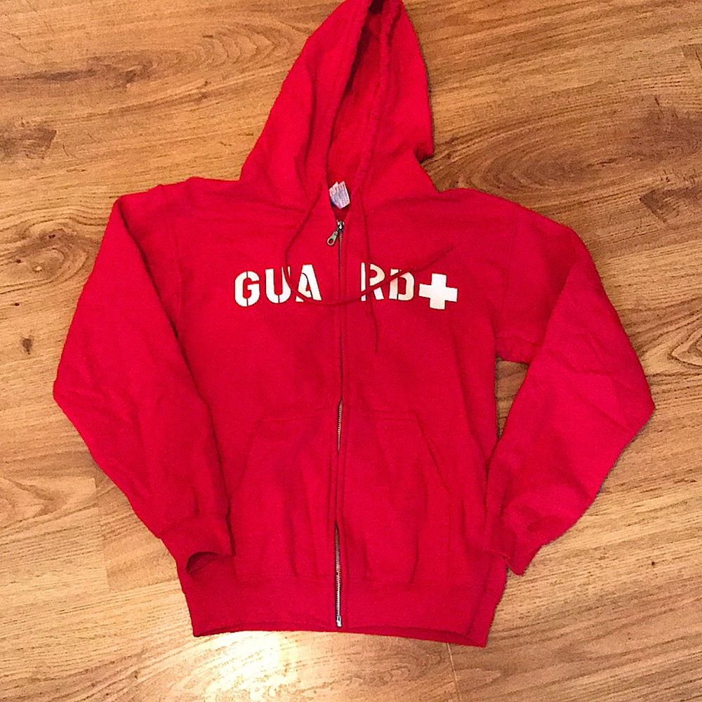 Red life guard zip up hoodie.